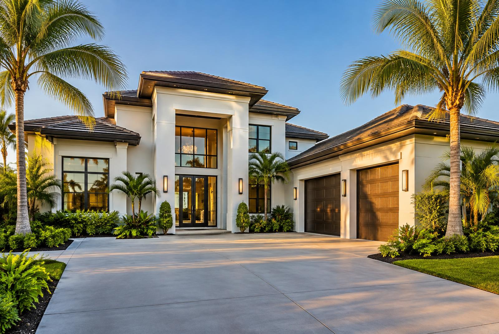 Clean upscale Florida home with palm trees and a bright concrete driveway