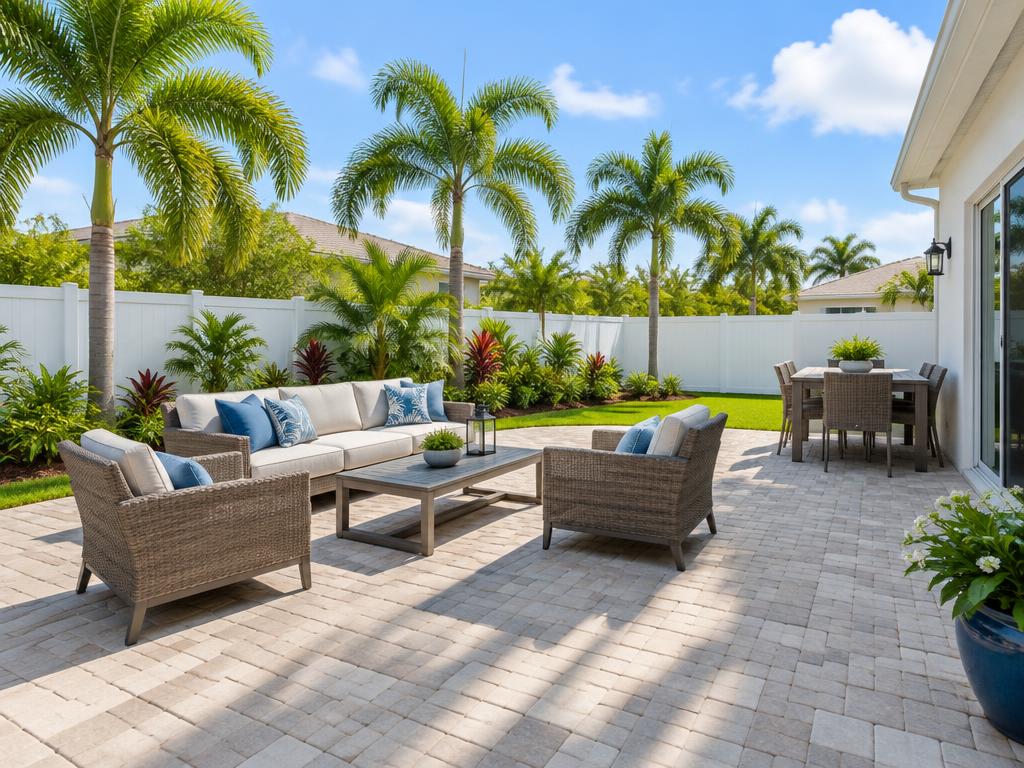 Clean paver patio with outdoor furniture and white fence in a Florida backyard