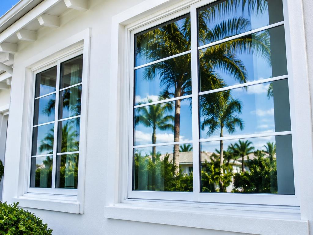 Clear residential windows on a white Jacksonville-area home reflecting palm trees